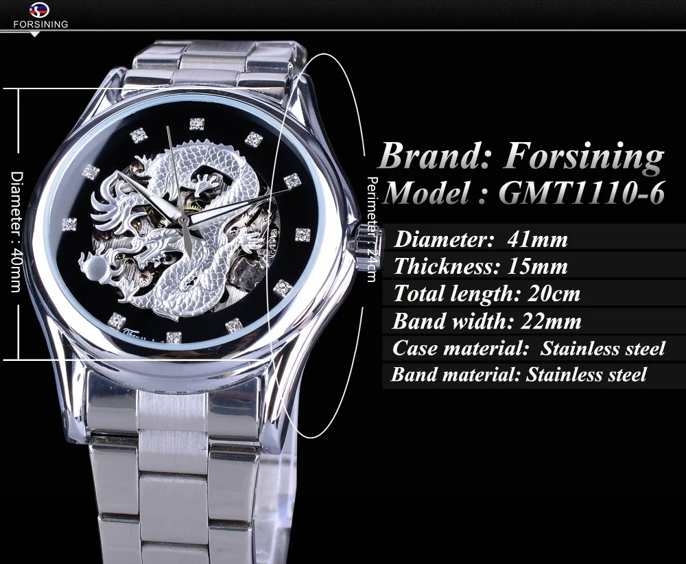 
Часы наручные Forsining Мужские автоматические, дизайнерские светящиеся с серебристым драконом, с перфорацией, из нержавеющей стали 