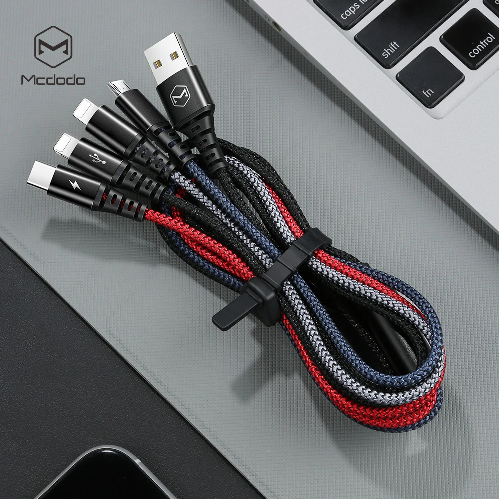 
Mcdodo 1,2 м 2.4A нейлоновый тканевый плетеный 4 в 1 Многофункциональный 2*8pin/Micro USB/Type C SUB зарядный кабель. 