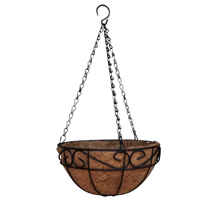 Подвесная металлическая корзина для цветов, черный держатель для цветов из кокосовой шелухи, 12 дюймов, с цепочкой