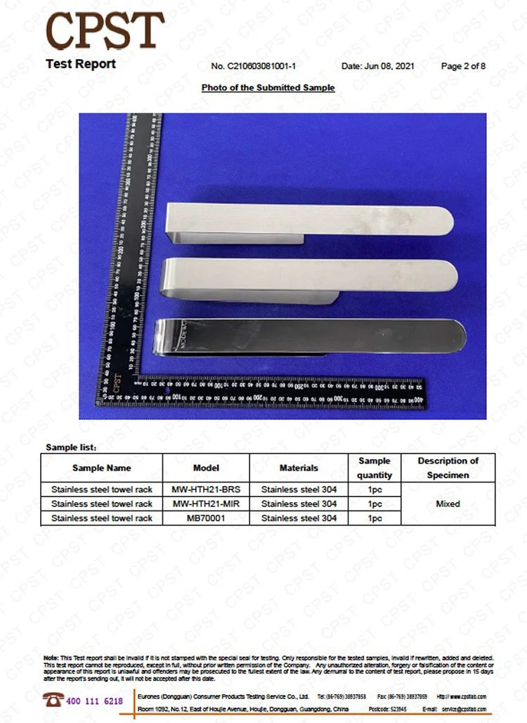 REACH Test Report Bathroom Accessories Drillless Towel Rail No Hole Installation Stainless Steel Self-Adhesive Towel Rack