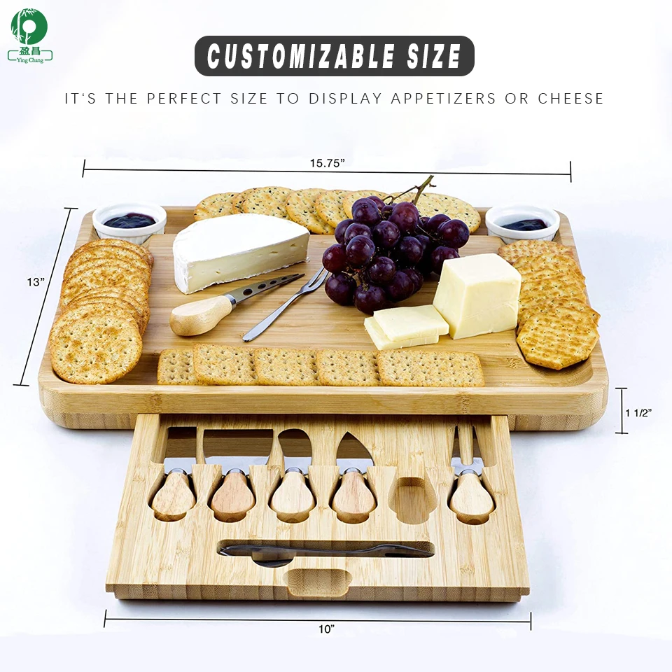 
Настраиваемая доска для сыра большого размера | Бамбуковая квадратная доска для сыра с шестью ножами и чашками для соуса 