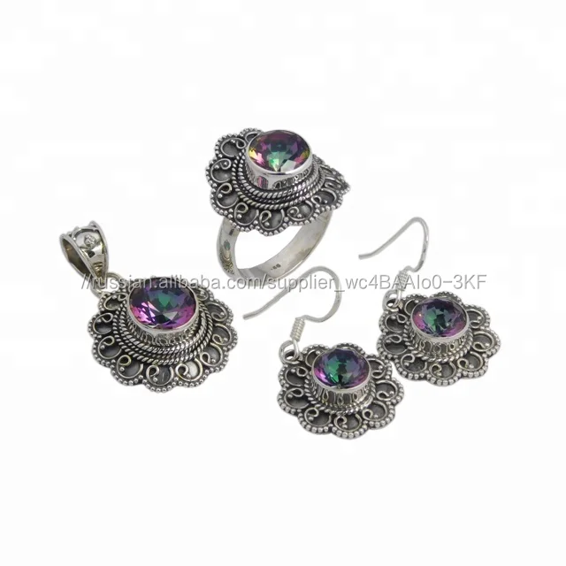 Модные женские комплекты 925 Серебро Мистик Кварц Драгоценное кольцо кулон набор