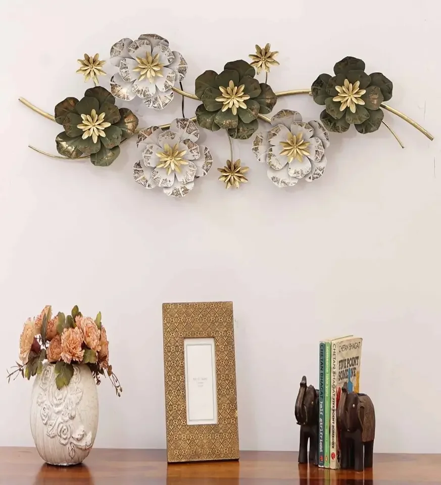 Высокое качество оптовая продажа изделия для украшения железа зеленые и белые металлические цветы растение 3D настенные гостиной домашний декор