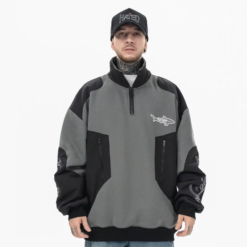 2024 New Color Block Patchwork Hoodies Half Zip up Splicing Plus Fleece Custom Embroidered Sweatshirt Hoodie