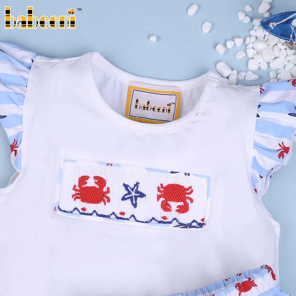 Smocked crab pattern and starfish girl short set ODM wholesale smocked children clothing - BB1893