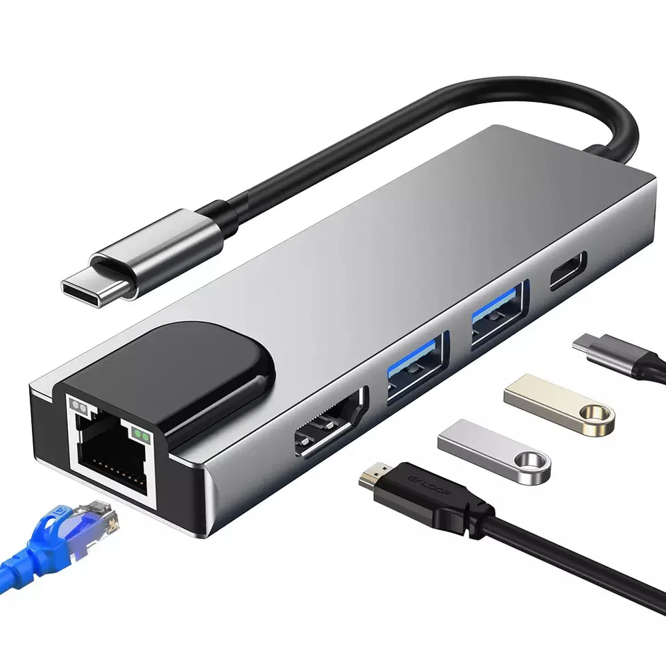 Most Popular Product 5 in 1 Type C Hub to HDTV Gigabit Ethernet 2 USB 3.0 Ports and Power Delivery Port for MacBook Pro
