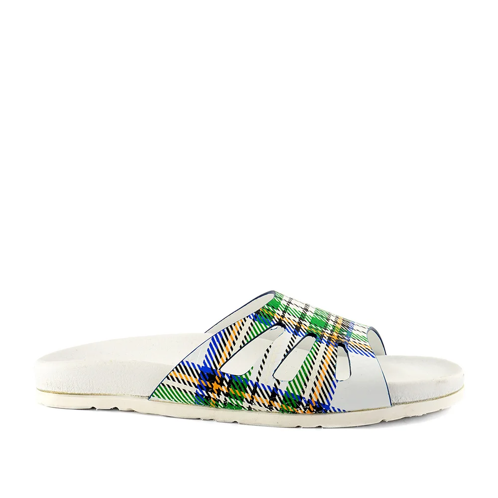 HIGH QUALITY WOMAN SLIPPER WHITE LEATHER ANATOMIC FUSBET UPPER DIGITALLY GREEN AND WHITE PRINTED MADE IN ITALY