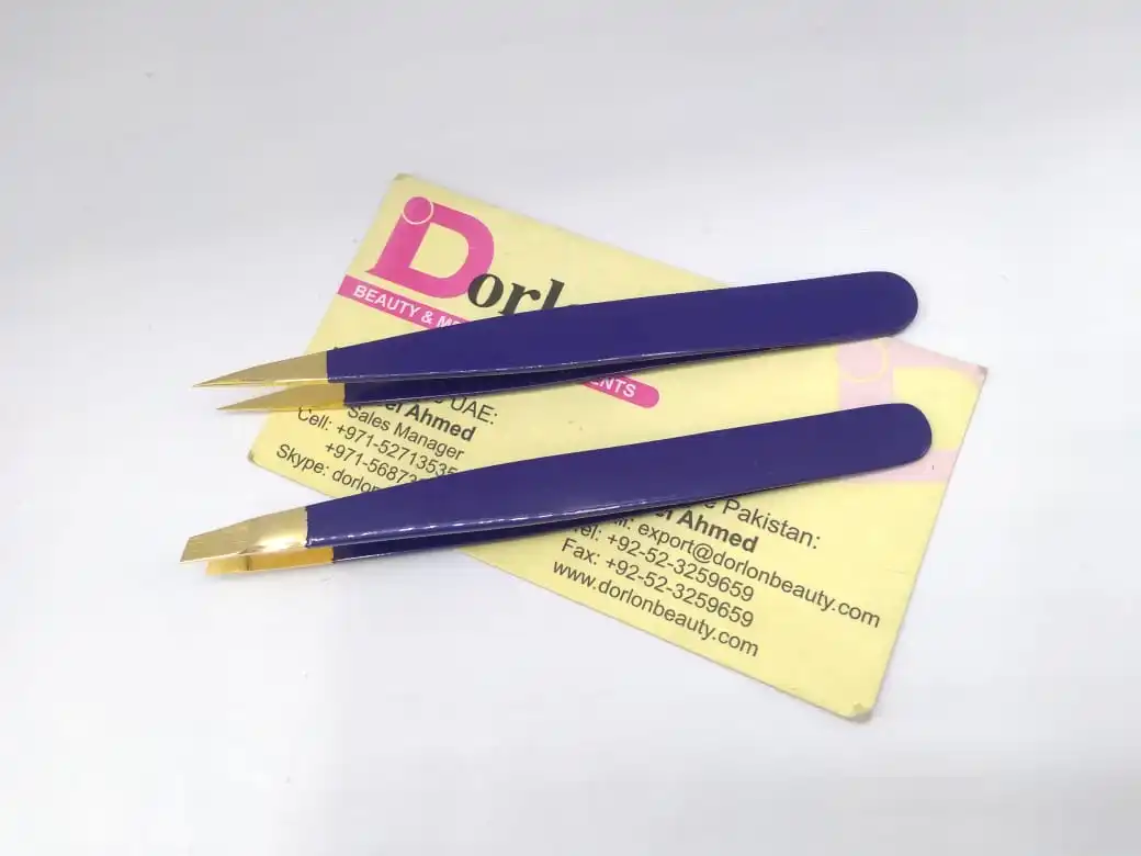 Gold Plated Tips With Blue Color Coated Eyebrow Tweezers Custom Logo Offer Professional Beauty Brow Tweezers With Spring Scissor