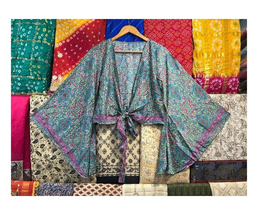 Floral Printed Silk Crop Top, Bell Sleeve Silk Wrap Around Top, Front Tie Summer Silk Tie Top, Hippie Beach Wear Silk Top,