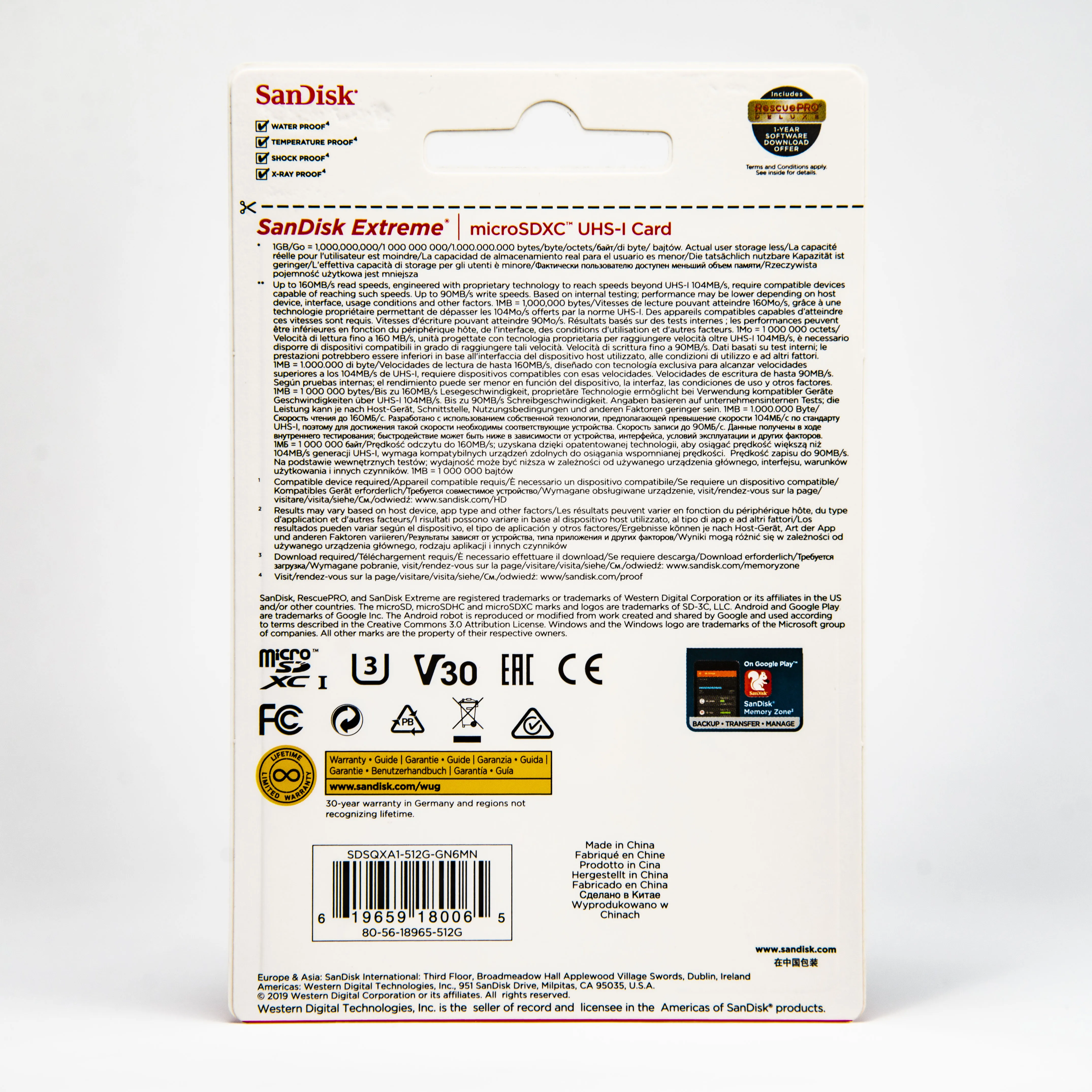 SDSQXA1-512G Micro Secure Digital Card For SDXC V30 512GB R160W90