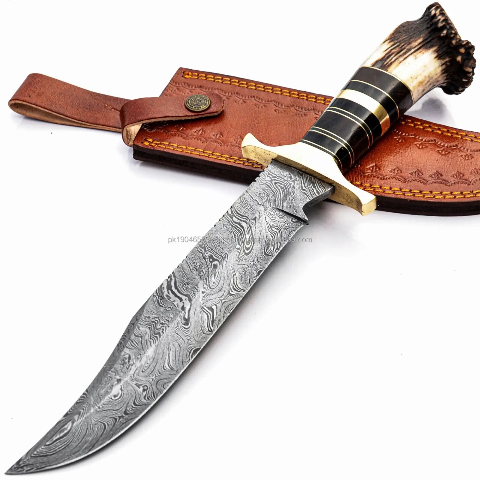 Real Damascus Steel Heavy Duty Hunting Survival Knife Deer Antler Crown Handle Outdoor Tactical Camping Knife OEM Customizable