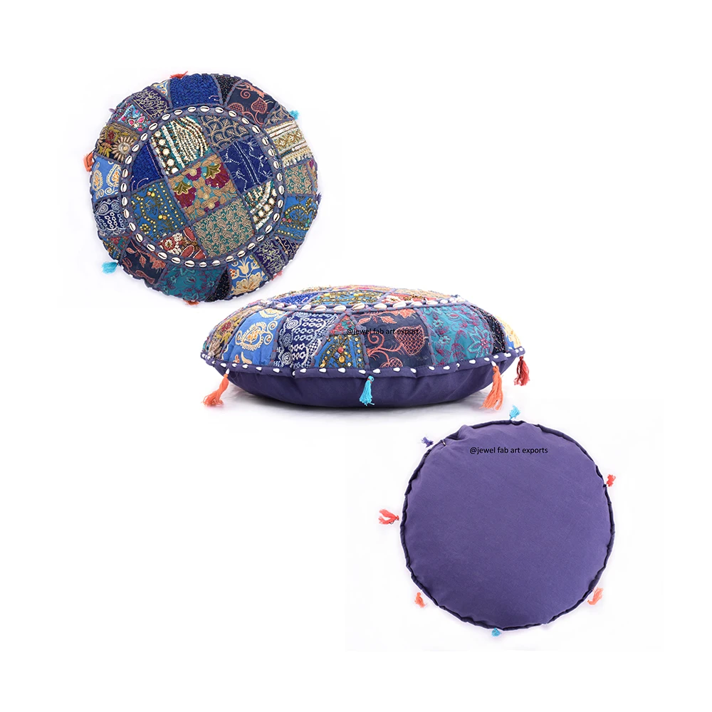 Hand Embroidered Indian Cushion Cover Patchwork With Tassel Round Cotton Pillow Covers Ethnic Vintage Living Room Sofa Pillow