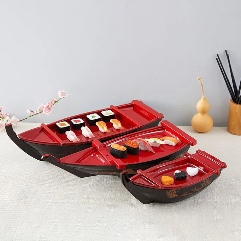 Hot Sale Washable Reusable Large Ship Boat Japanese Serving Plastic Party Black Sushi Tray