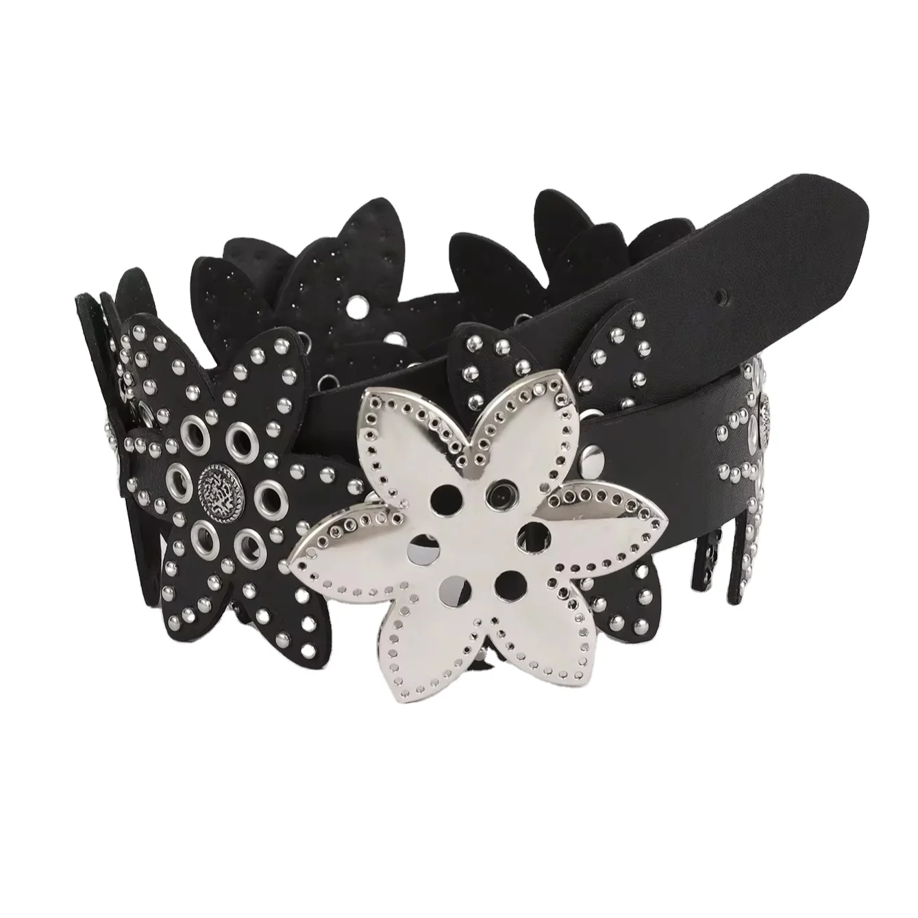 Logo Customizable Alloy buckle Hexagonal Star Cutout Belt rivets american locomotive Rock punk pu leather sweat belt for woman