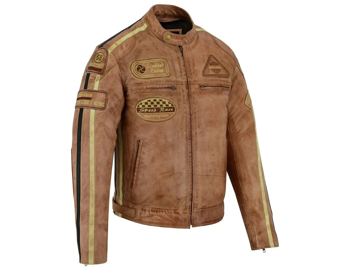 Custom Vintage Tan Brown Waxed Leather Motorcycle Jacket - Casual Style with CE Protection Ideal Gift for Men