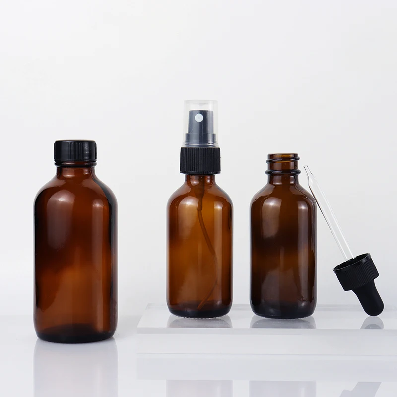 Refillable Boston Eye Drop Hair Oil Bottle Clear brown 60ml 2oz 1oz 4oz Amber Glass Dropper Bottles