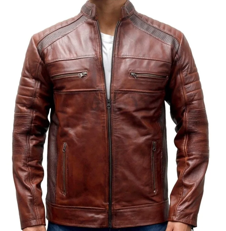 OEM Custom Stand collar distressed leather jacket/Waxed sheep leather vintage jacket/Fitted mens holes leather jacket brown