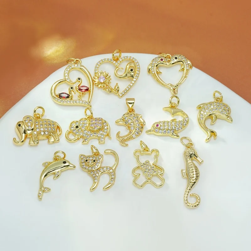 Aquatic Creatures Necklace Charm Colored Zirconia Animal Pendant Brass Elephant Cat Dolphin Pendants For Necklace Jewelry Making