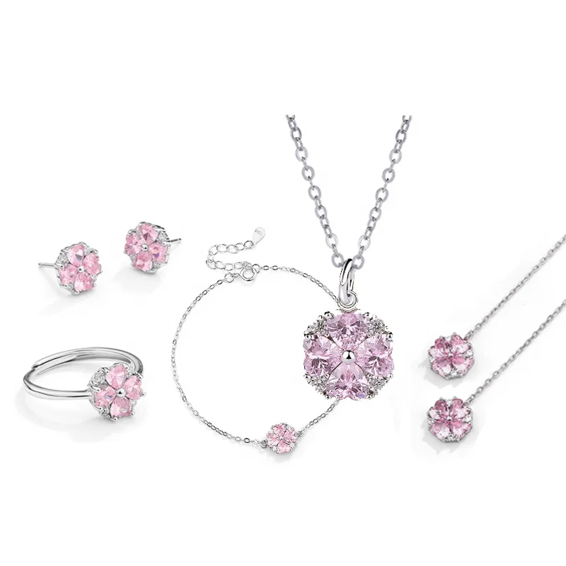 925 Sterling Silver Pink Zircon Four Leaf Clover Pendant Necklace Bracelet Earrings Sets Fine Jewelry Set