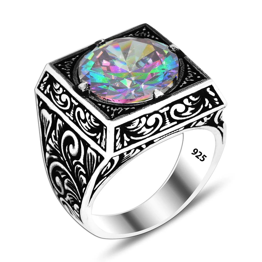 Mystic Topaz 925 Sterling Silver Men Ring Accessories Gift for Man Traditional Turkish Ring for Men Arabic Trendy Square Ring