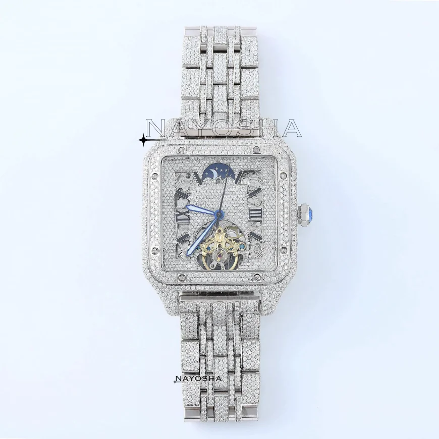 Top Brand 2024 Custom Luxury Hip Hop Diamond Fully Iced Out Skeleton Square Dial Hip Hop VVS Moissanite Diamond Wrist Watch Men