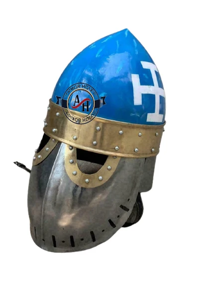 Medieval Sugarloaf  Helmet Armor 18 Gauge Steel Helmet Silver & Blue Polish with Halloween Costume Leather Liner Steel Helmet