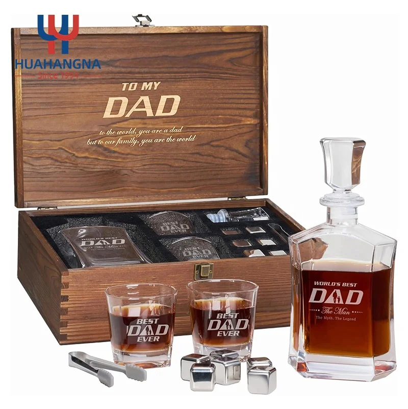 Whiskey Decanter Set Customized Gift for Dad Father Engraved Rocks Whiskey Decanter Glasses 6pcs Stainless Steel  Whiskey Cubes