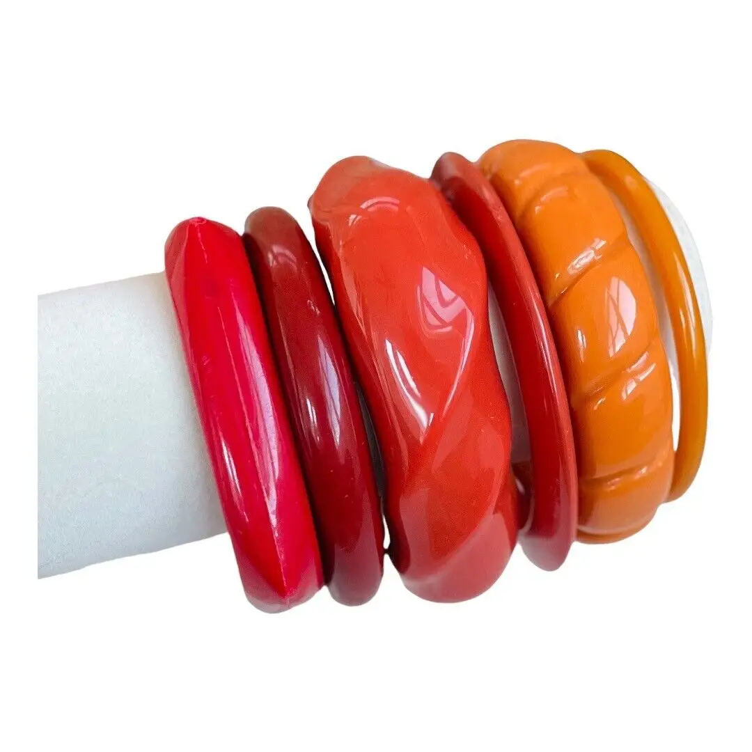 Bracelet Style Bakelite Handmade 2024 Bangle Jewelry Gifts Set of 6 Vintage Acrylic color Chunky square round molded carved