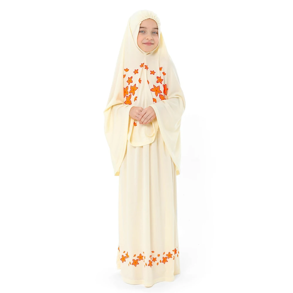 Girl Child Prayer Dress Yellow Color Star Pattern 987S With Prayer Rug Star Printed Belt Pattern