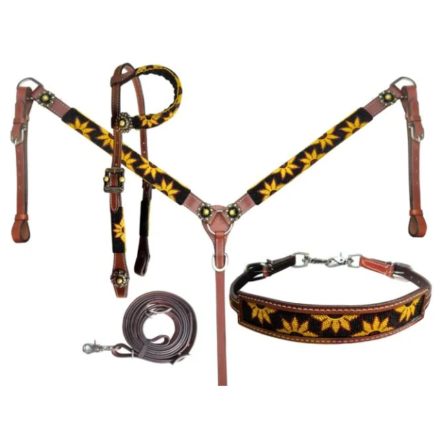 Hot Selling 100% Cow Leather Beaded One Ear Headstall 4 Piece Set Western Horse Tack Breathable Breast Collar from Manufacturer