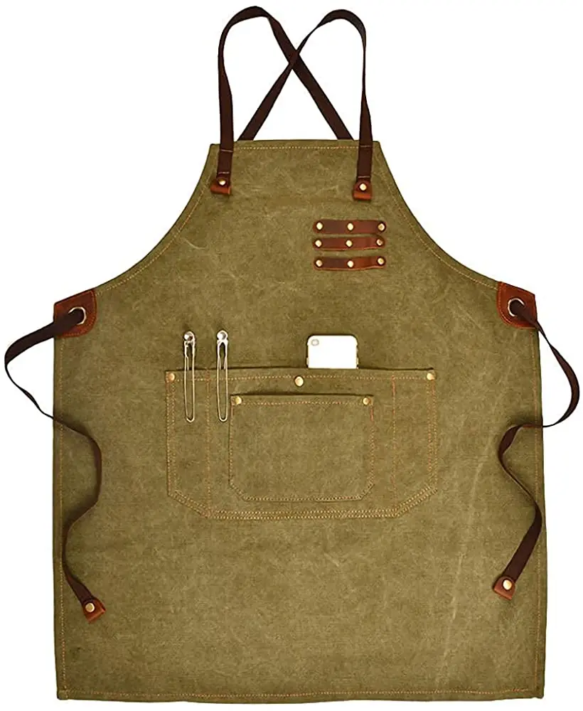 Hot sale restaurant work uniforms shop overalls denim apron with tool pockets for barista barber apron for men