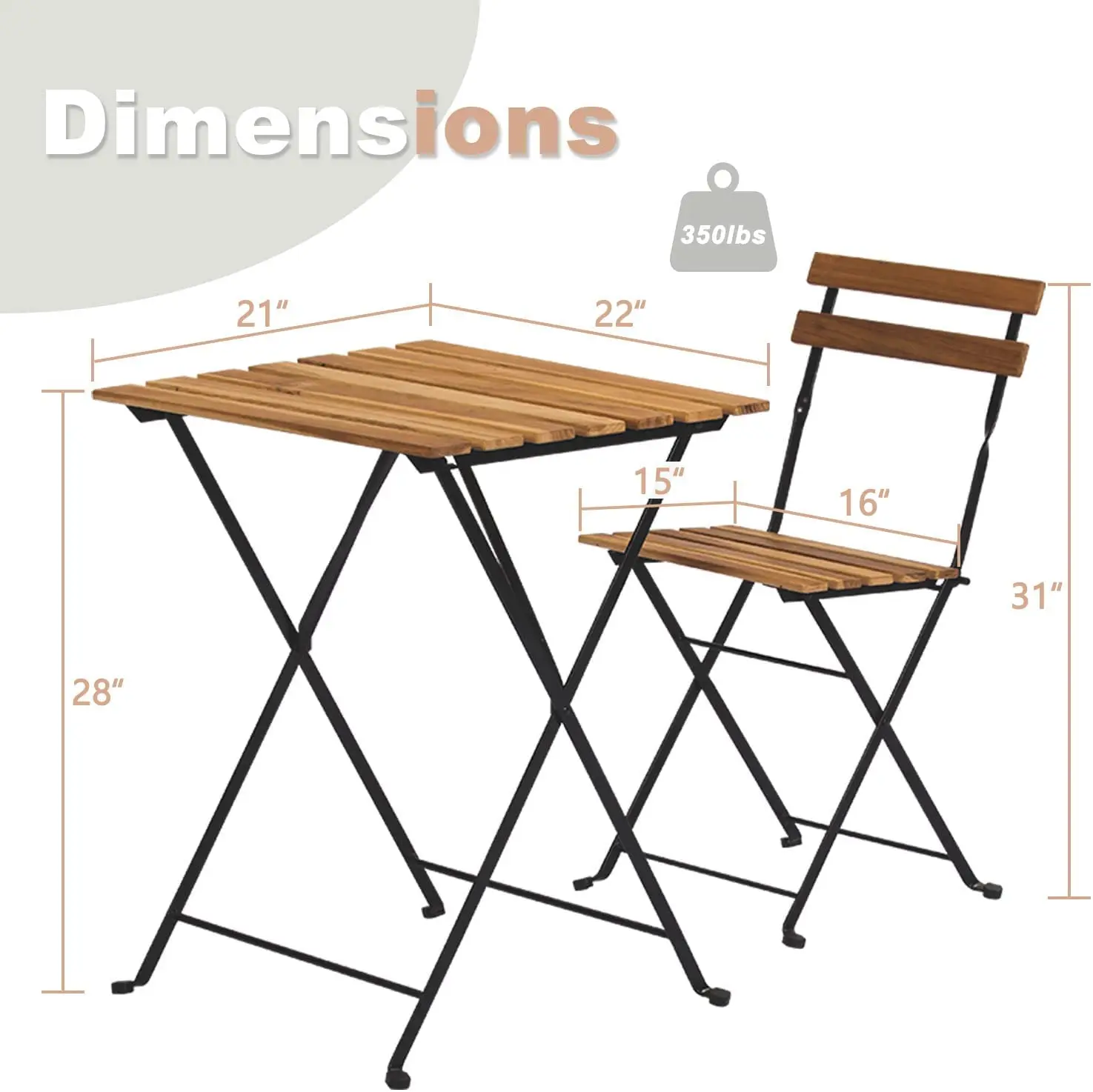 Top product 2023 Bistro Folding Set VIETWOOD Acacia Wood Top and Metal Frame Table & Chairs - Waterproof Perfect for Garden