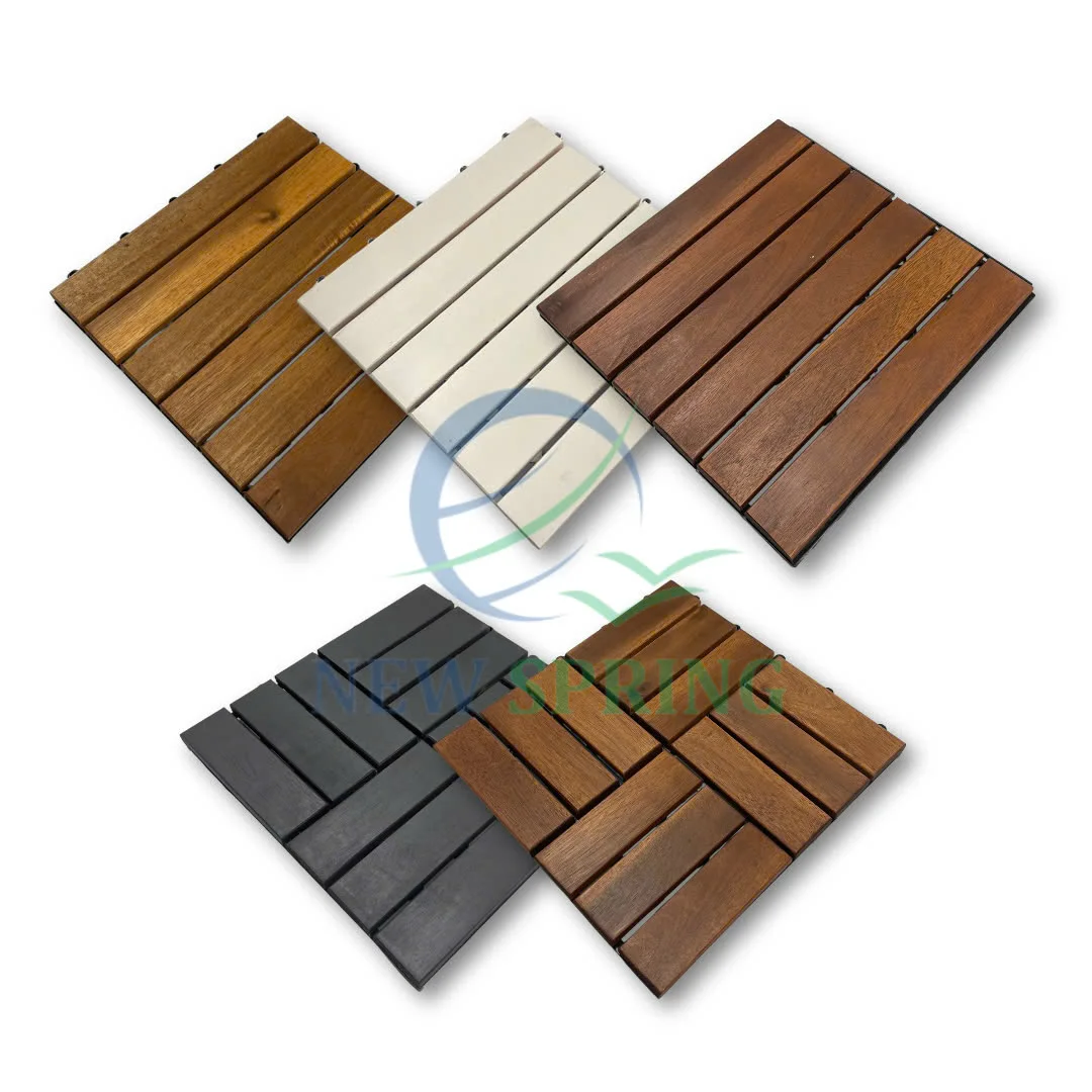Modern Design Brown-Stained Interlocking Outdoor Deck and Patio Flooring Tiles Easy Installation Acacia Wood Flooring