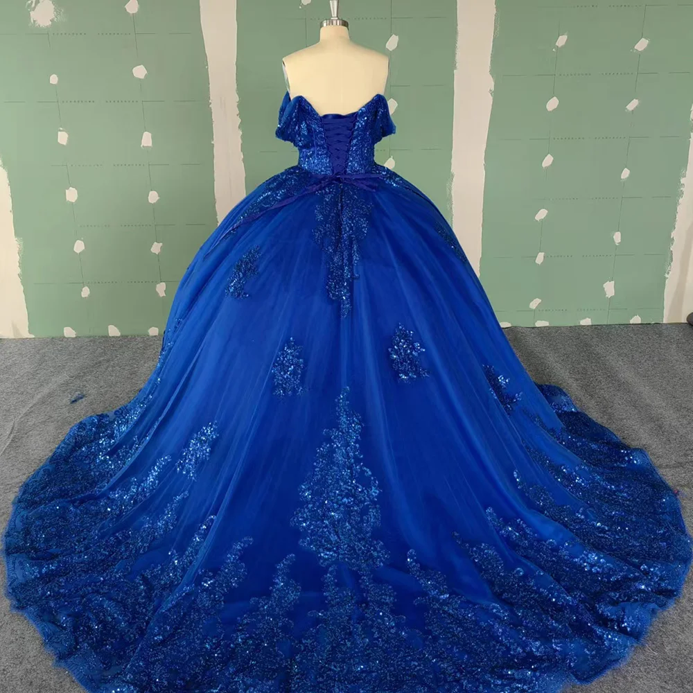 Jancember WC019 Diamond Navy Blue Lace Embroidery Puffy Quinceanera Dresses