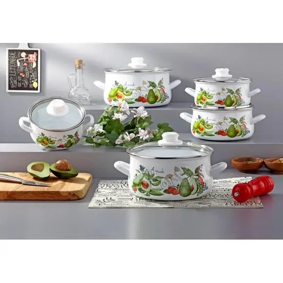 High Quality 10-Pcs Cookware Set Non-Stick Enamel Coating Bonera 16-18-20-22-24 cm Enamel Pot with Glass Lid