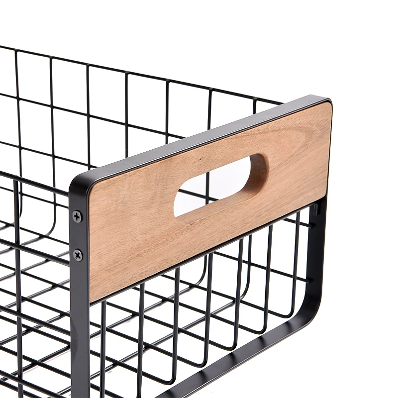 WIREKING New Design 3 Size Stable Metal and MDF Storage Basket Seasoning Bottle Holder with Handle