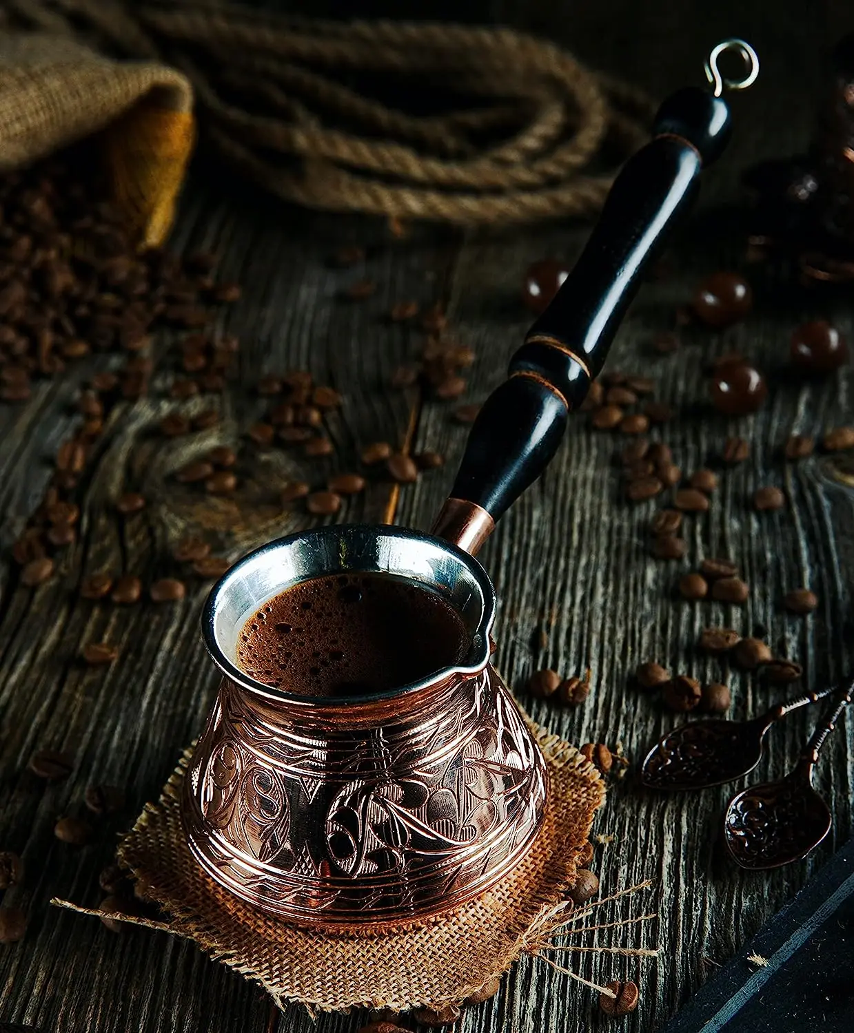 Best Wholesale Prices Brass Color Casting Turkish Coffee Espresso Stovetop Pot with Wooden Handle