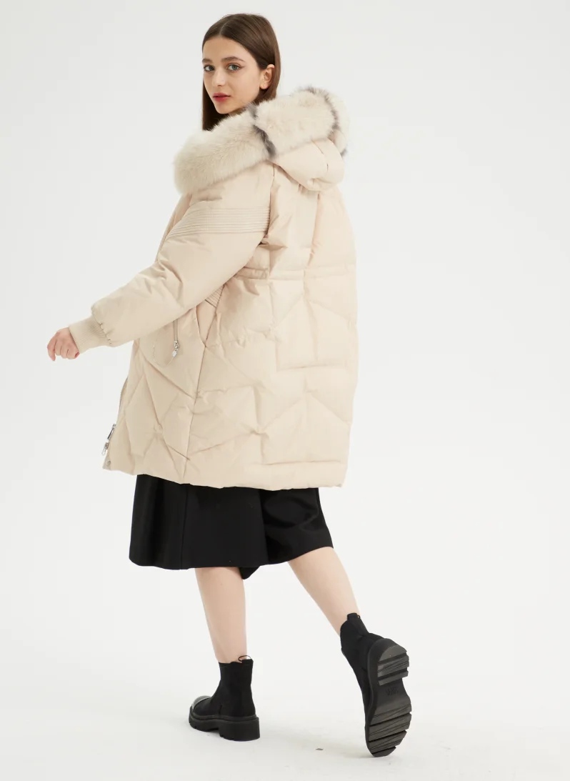 2024 OEM ODM Custom color Rubber logo Nylon Women Winter Duck Down Coat fur hoodie Women Long thick down jacket for Winter