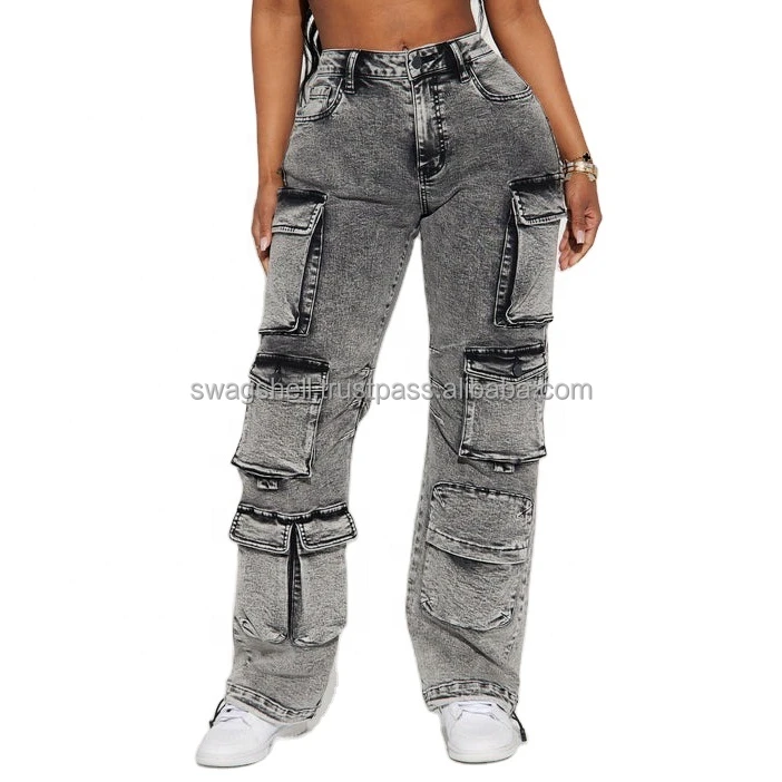 New Arrival OEM Custom High Quality jeans Print With Pockets Oversize Plus Size cotton cargo Baggy denim Jeans for women oem