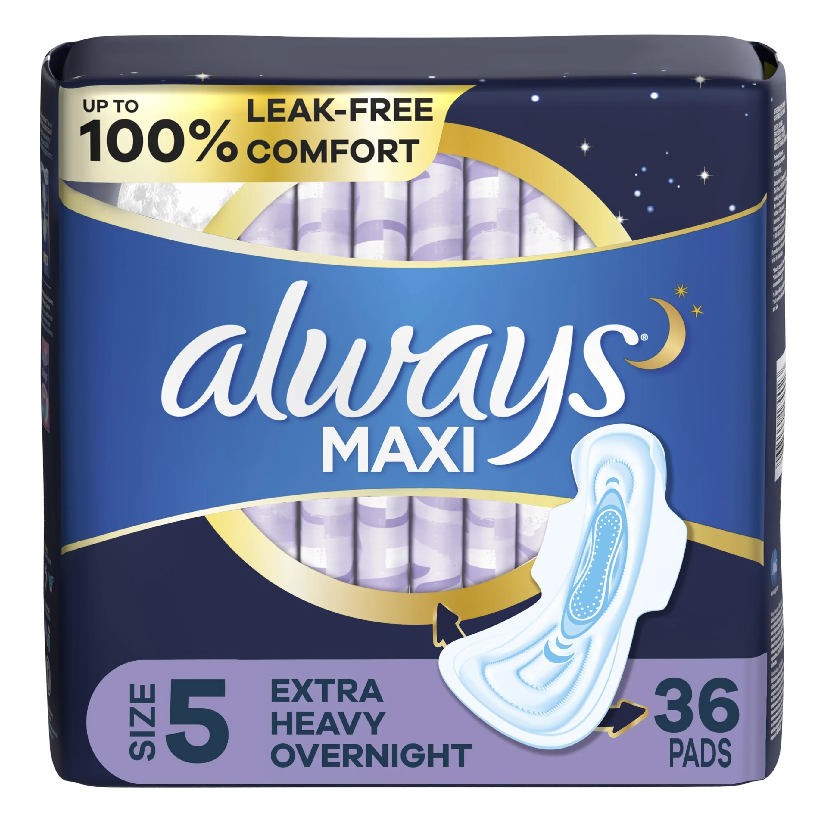 Always Maxi Feminine Pads for Women, Size 5 Extra Heavy Overnight Absorbency, with Wings, Unscented, 36 Count BE26