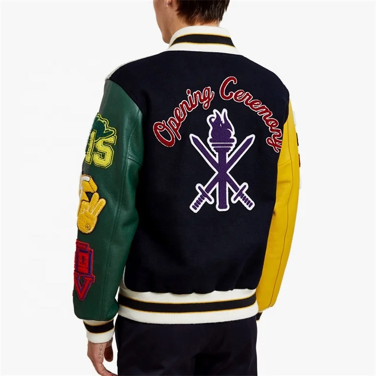 2022 OEM custom two colors mens leather sleeve patch chenille embroidery streetwear letterman varsity jacket for men