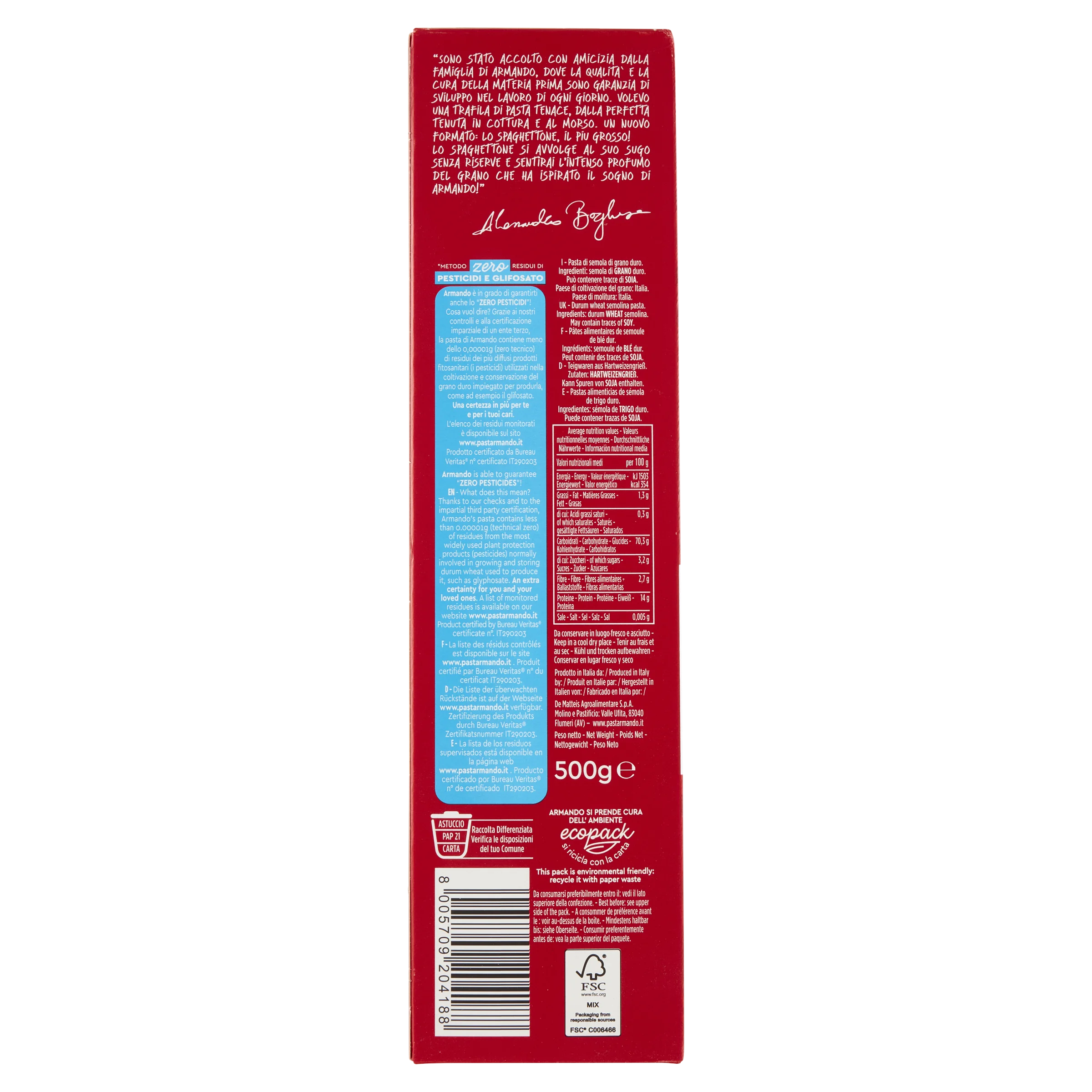 Top Italian Quality Zero Pesticid Dry pasta 500g Spaghettone in pack Rough Die Durum Wheat Pasta for Wholesale