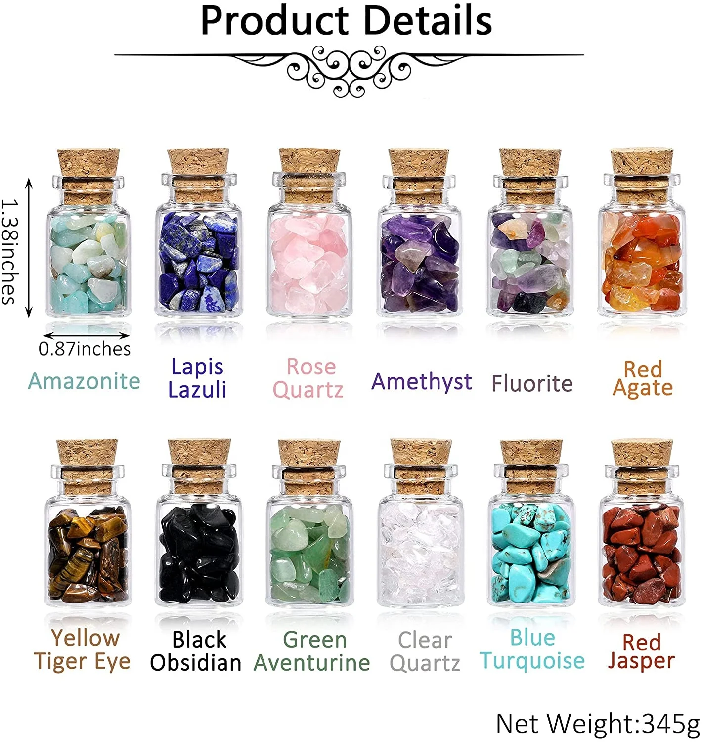 12 Pcs Gemstone Bottles Chip Crystal Healing Tumbled Gem Reiki Wicca Stones Set, Home Decorations, Chakra Healing Crystals, Witc