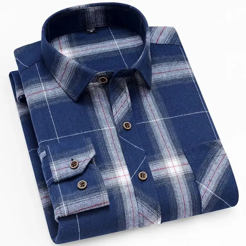Flannel comfortable and warm fabric fancy plaid cotton long sleeve shirts for men Casual Shirts Regular Fit Custom Logo