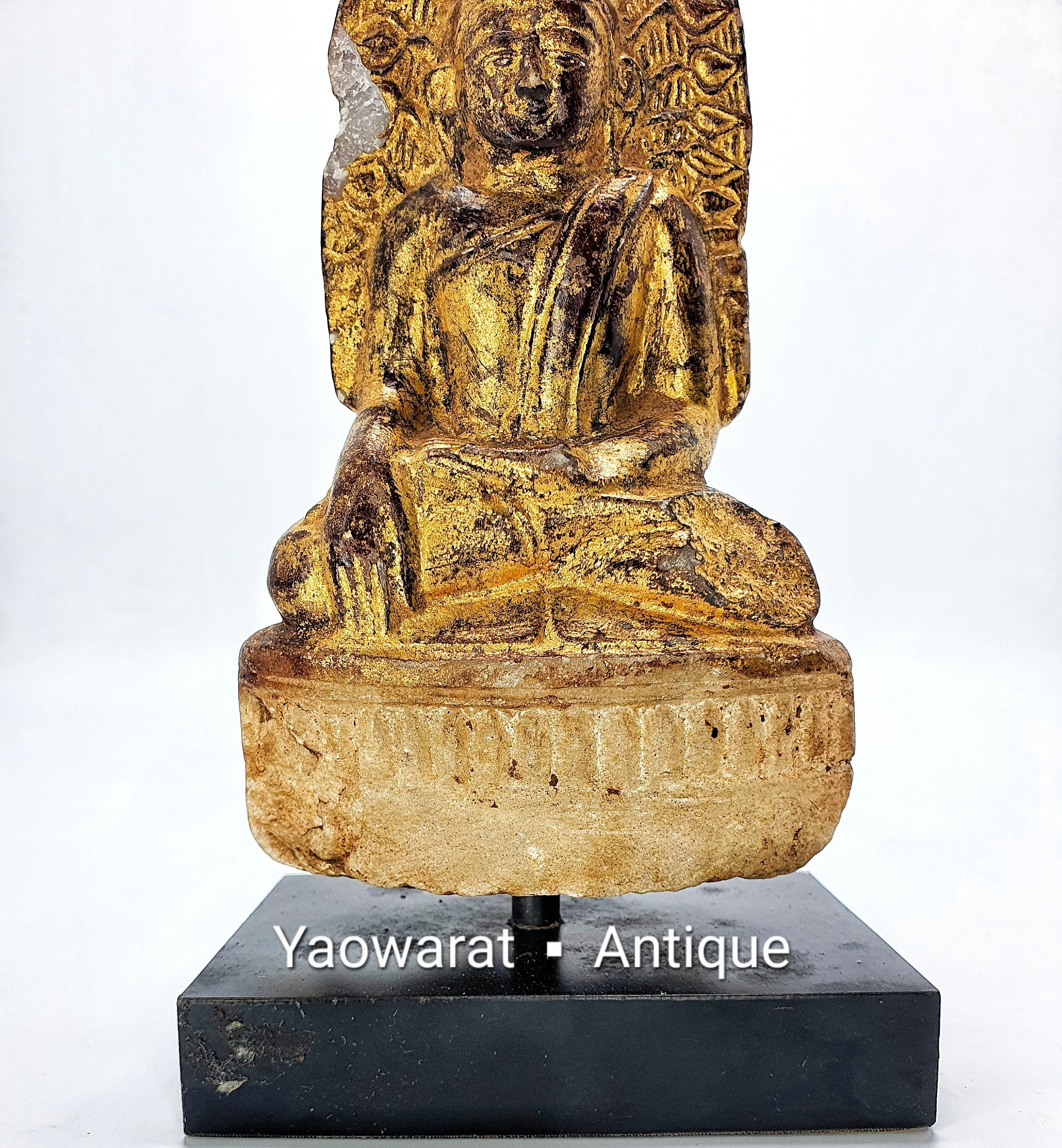 Antique Stone Carved Buddha Statue for Worship Covered with Lacquer Gilded The Attitude of Subduing Mara Home Decor