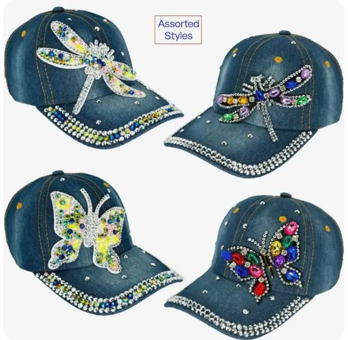 Rhinestone Denim Caps with Assorted Styles - Butterfly and Dragonfly Design