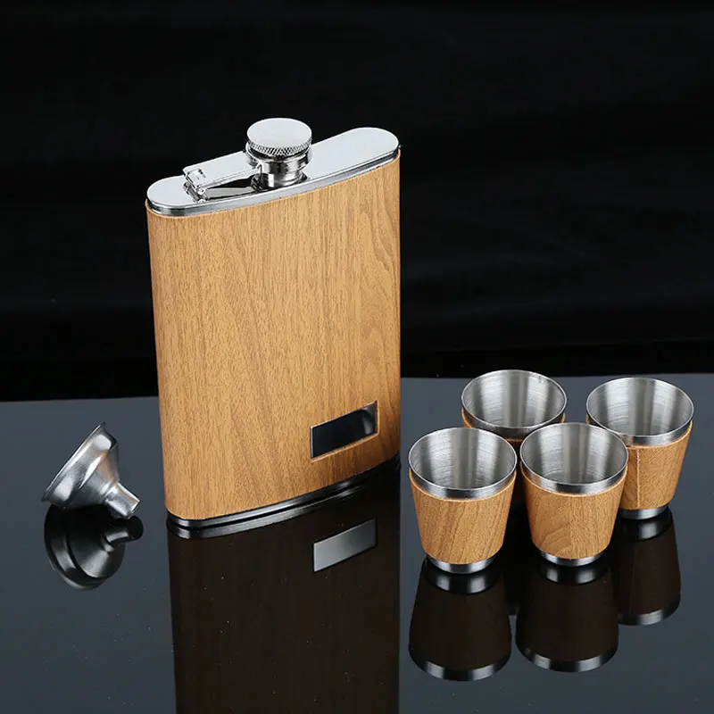 Custom Logo Embossed Whiskey Glass Set Personalized Engraved Color Bamboo Wooden Hip Flask
