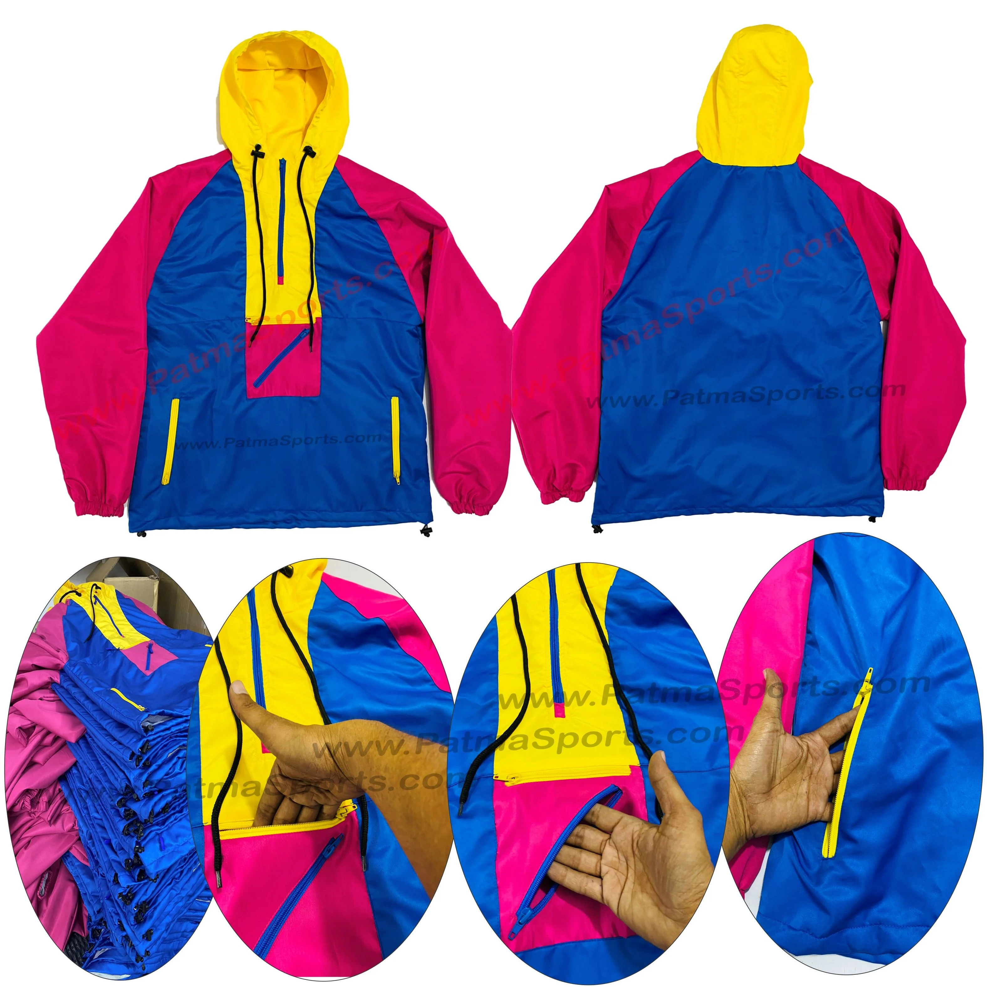 Multi Cargo Pockets Blue Yellow and Pink Combination Windbreaker Rain with customize logo Tags and printing on it OEM ODM
