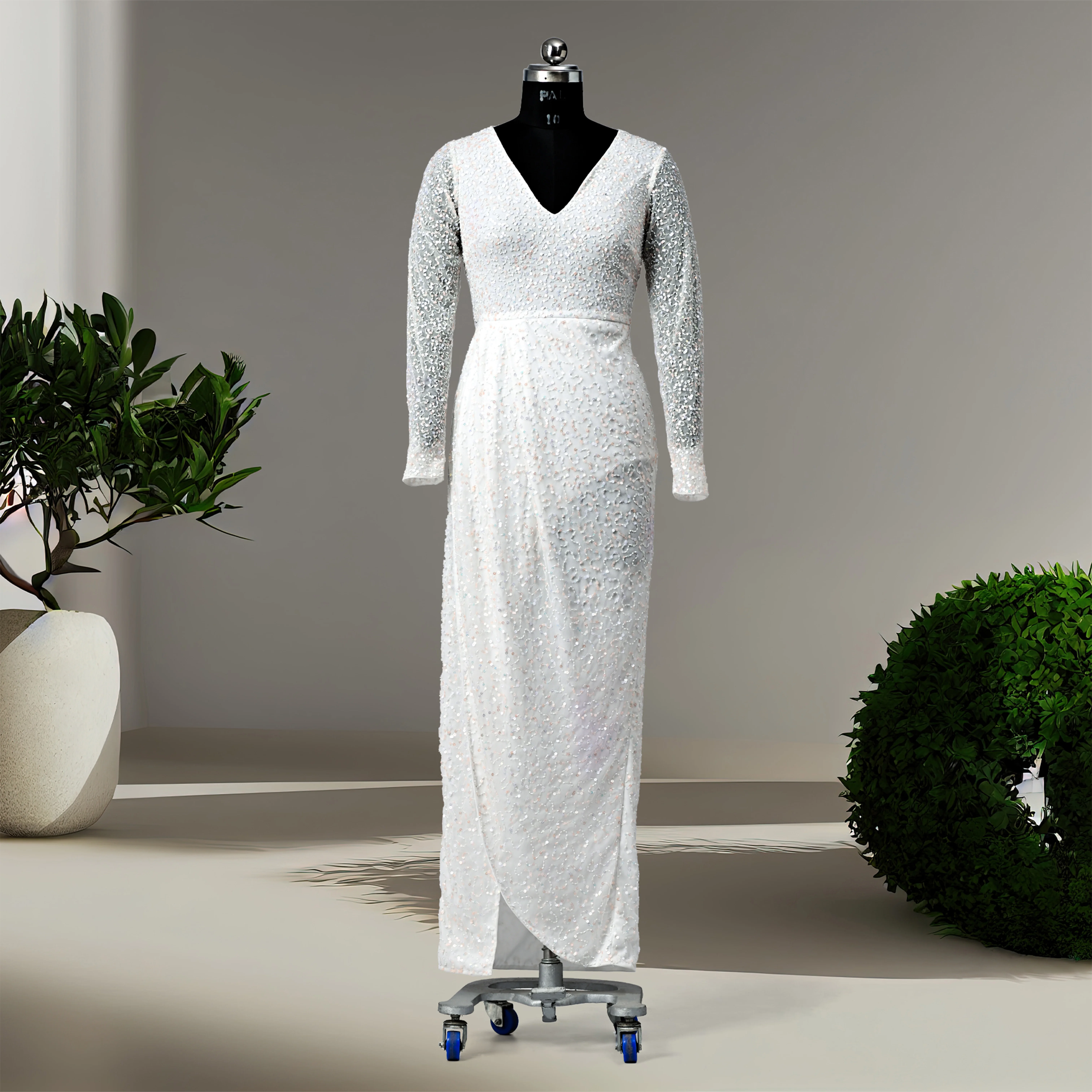 Beautiful Elegant Sequin Beads Hand Embroidery Floor Length V neck Line High Slit Evening Dress