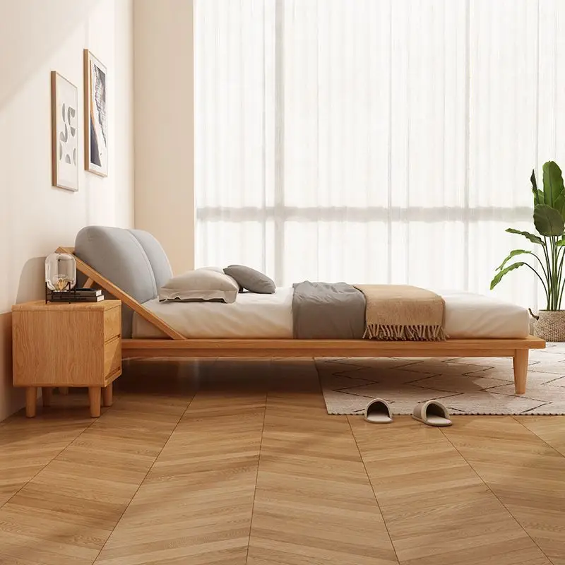 Double Queen King Size Platform Bedroom Furniture Solid Oak Wood Tatami Bed with Headboard Floating Bed Frame